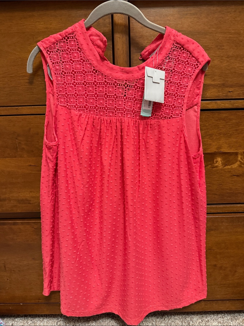 Daniel Rainn Coral Sleeveless Crochet Yoke Blouse
